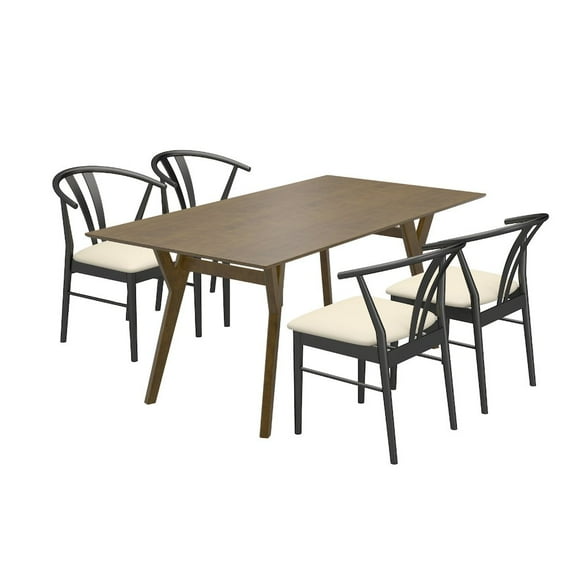 Roundhill Furniture Lavin Modern 5-Piece Dining Set, Walnut Finished Dining Table with 4 Wishbone Chairs
