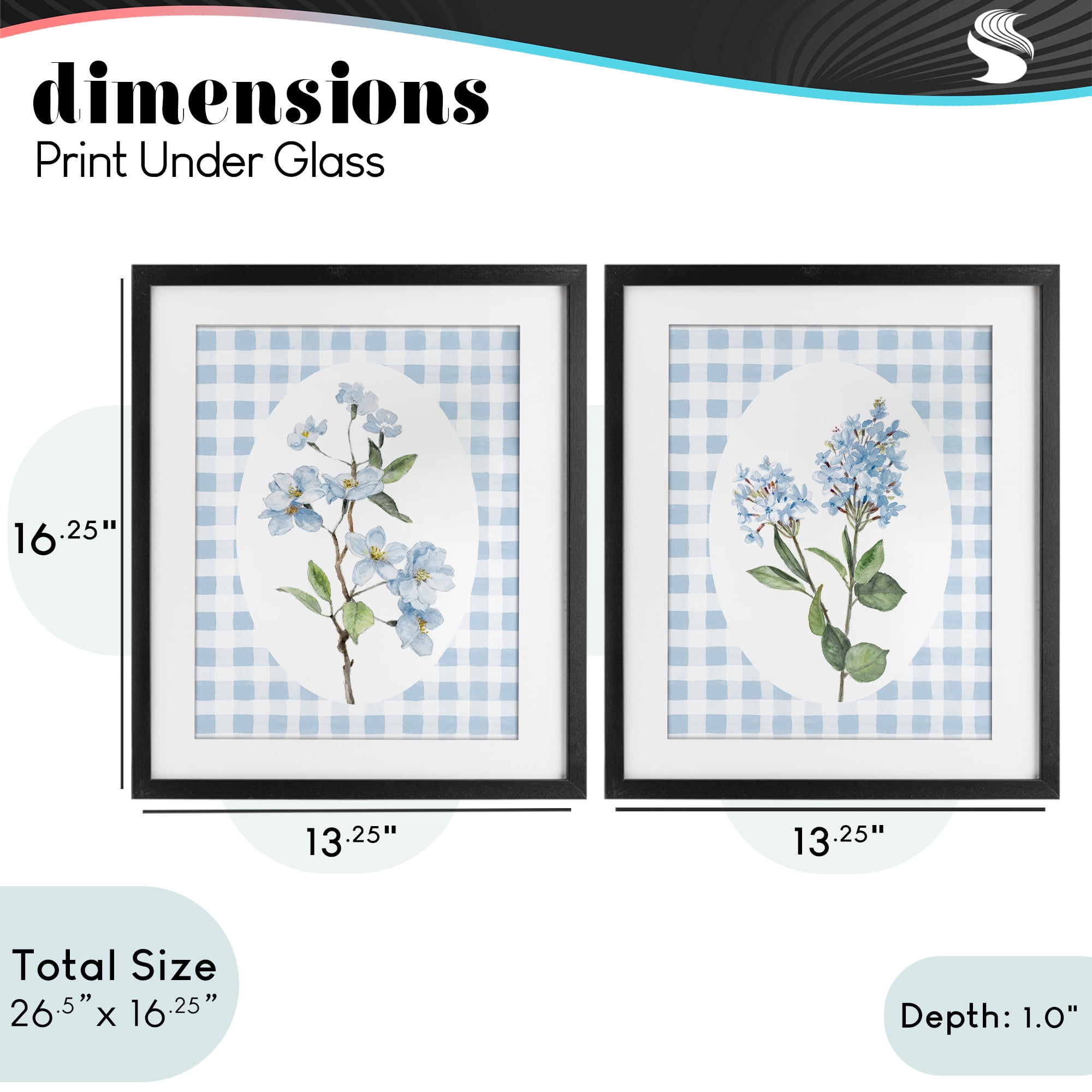 Stupell Industries Blooms on Blue Checkered 2 Piece Black Framed Print Under Glass Set, design by Lanie Loreth