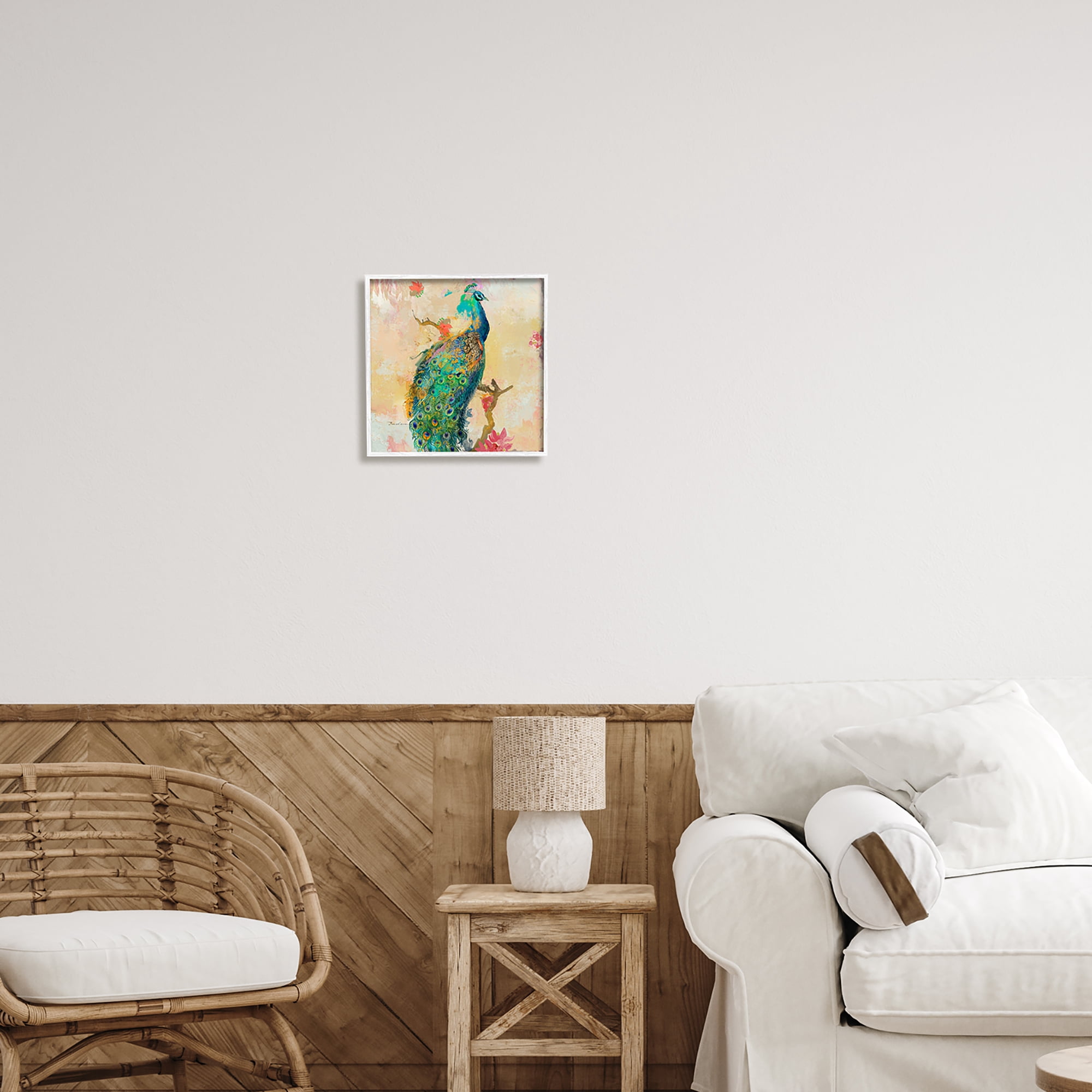 Stupell Modern Peacock Cherry Blossoms Animals & Insects Painting White Framed Art Print Wall Art