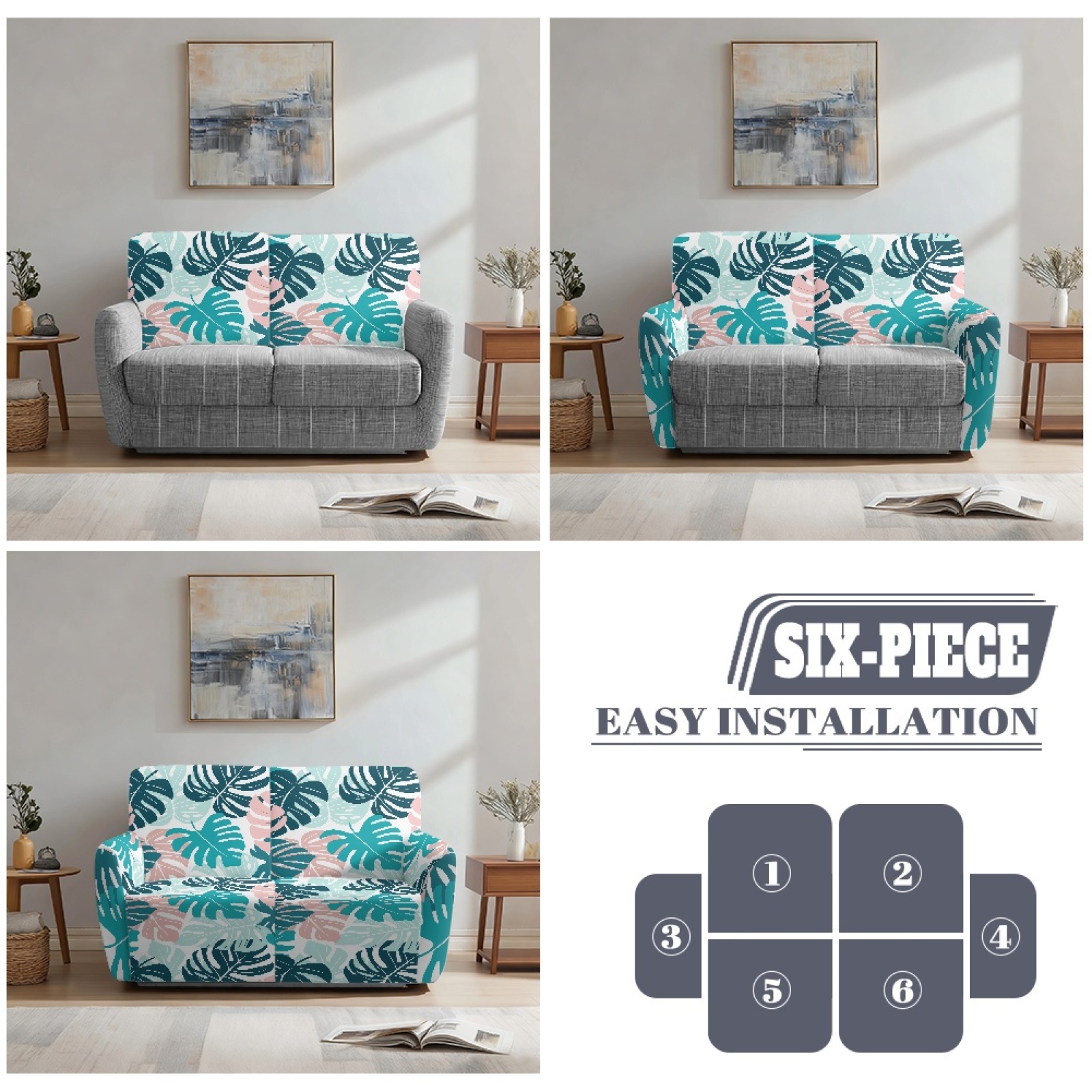 Xoenoiee Tropical Palm Leaves Print Stretch Recliner Loveseat Cover, 6 Pieces Recliner Slipcovers Soft Couch Cover for 2 Seater Non-Slip Furniture Protector with Pocket