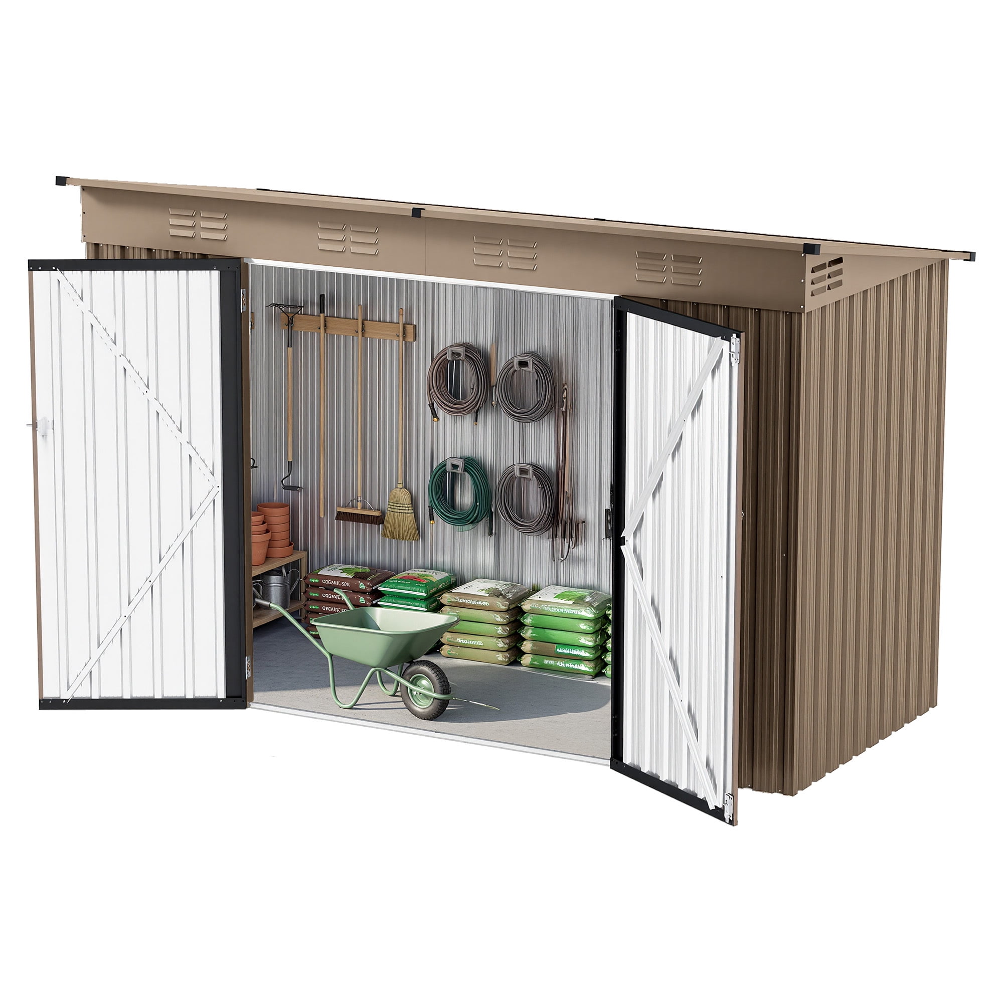Uforic Large Outdoor Storage Shed, 9x4ft Heavy Duty Metal Tool Shed with Lockable Doors and Air Vents, for Bikes Tools Lawnmowers Backyard Patio Lawn, Brown