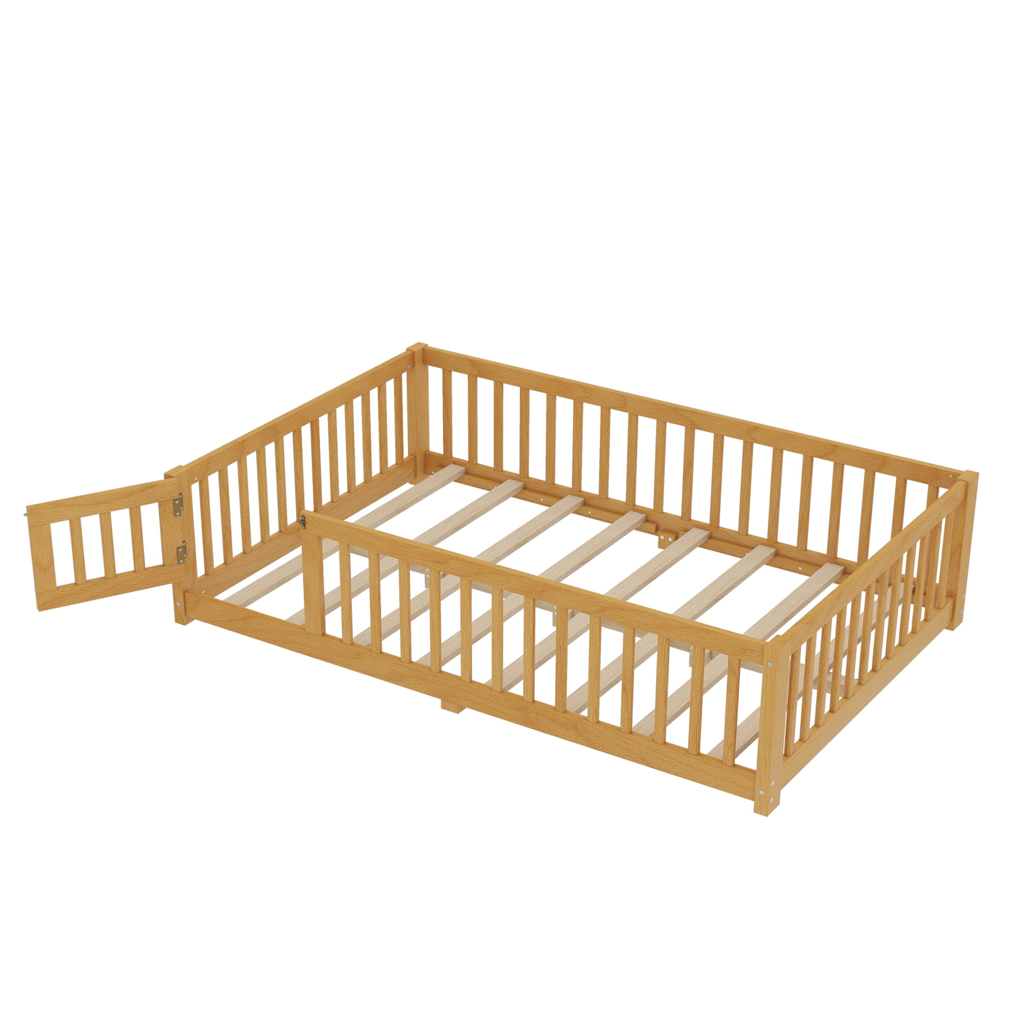 Jopath Full Size Floor Bed Frame,Montessori Bed with Guardrails and Door,with Slatted Base,for Kids,Boys,Girls,Natural
