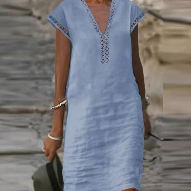 Lindbes 2024 Nouvelle Robe d'Été pour Femme en Coton et Lin Mode Unie Ajourée à Col en V Mini Robes Femme Décontractée à Manches Courtes Robes Vestido