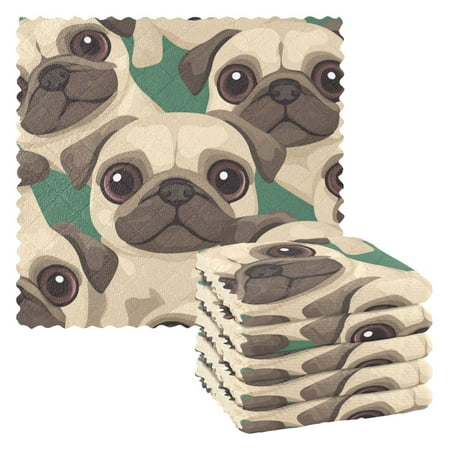 

6 Pack Kitchen Dish Towels 11 Inch x 11 Inch Reusable Cleaning Cloths for Washing Dishes Dish Cloths for Drying Dishes Cartoon-style Beige Pugs