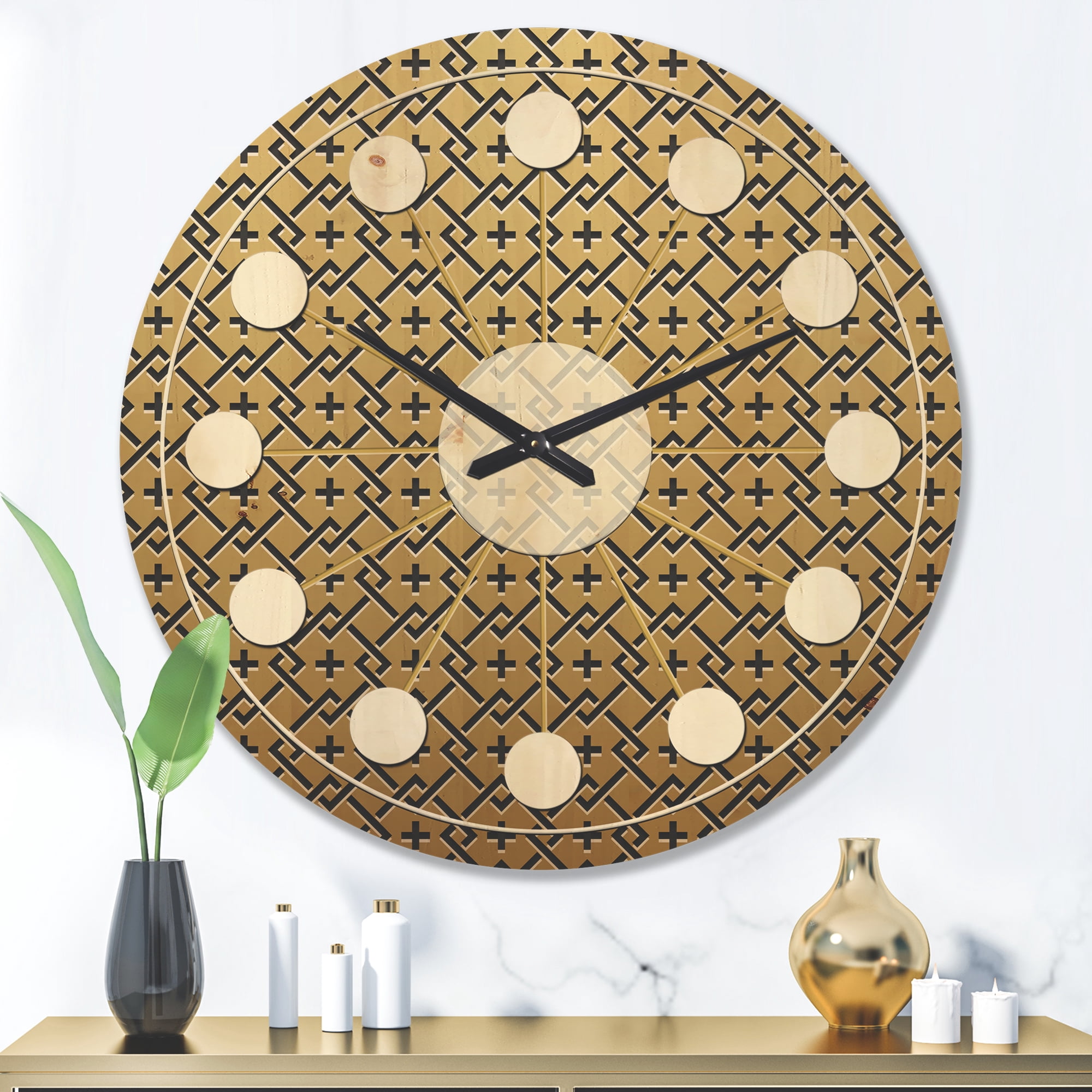 Designart 'Metallic Golden Luxury Geometrics XII XVIII' Mid-Century Modern Wood Wall Clock
