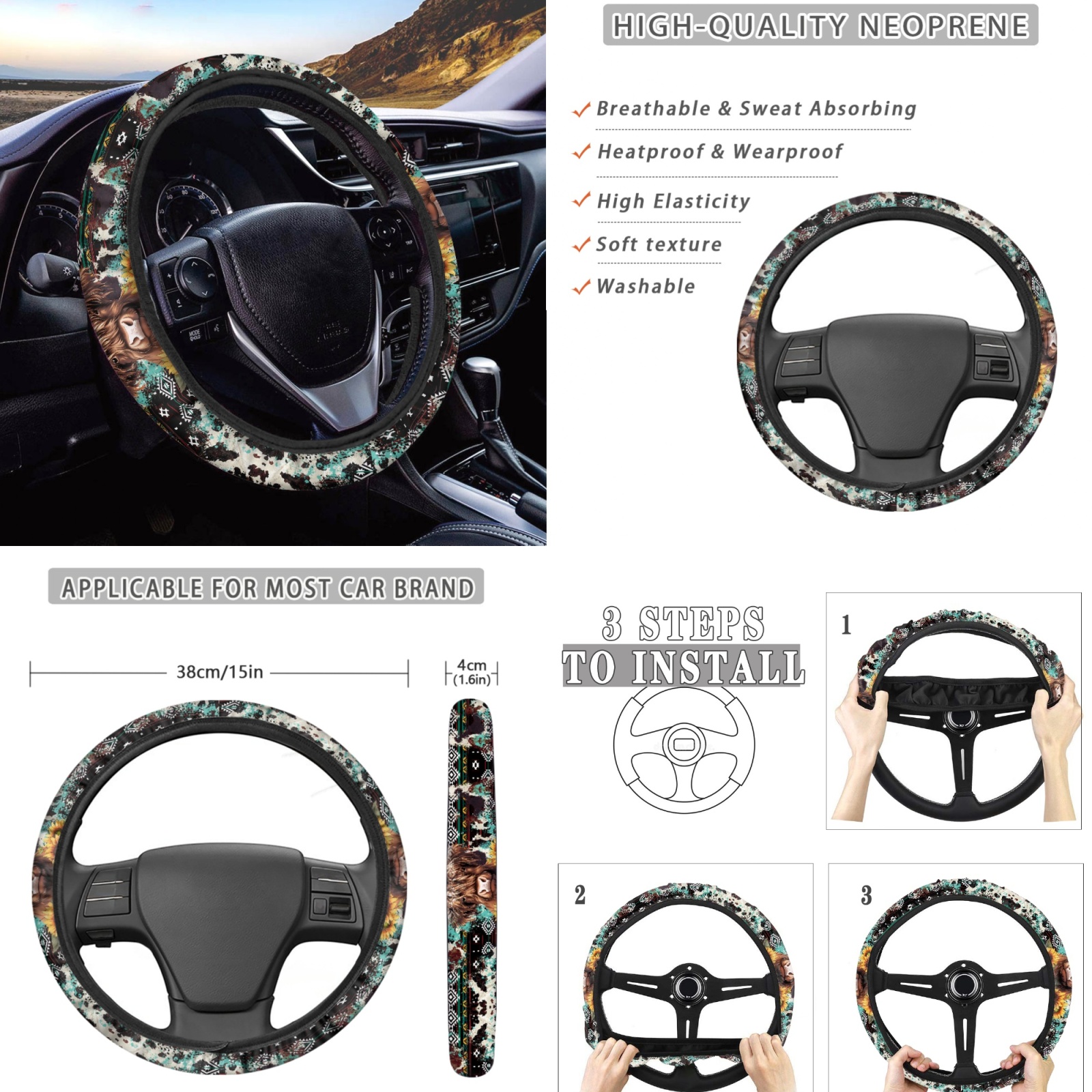 Renewold American Tribal Highland Cow Sunflower 11 Pieces Car Accessories, Non-Slip Front Rear Car Seat Covers, Steering Wheel Cover Seat Belt Pad Coasters Key Chain Universal Fit for Most Cars
