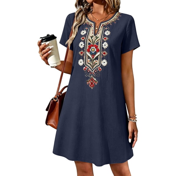 AJGRHE Womens Lightweight Cotton Linen Boho Dress, Floral Embroidered Sleeveless Tunic for Beach and Outdoor Activities Navy XXXL