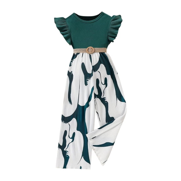 ZACPNCV Girls' Casual Fly Sleeves Turndown Neck Strap Loose Botton Solid Long Pant Jumpsuit Tank Top Sets Green 13-14 Years