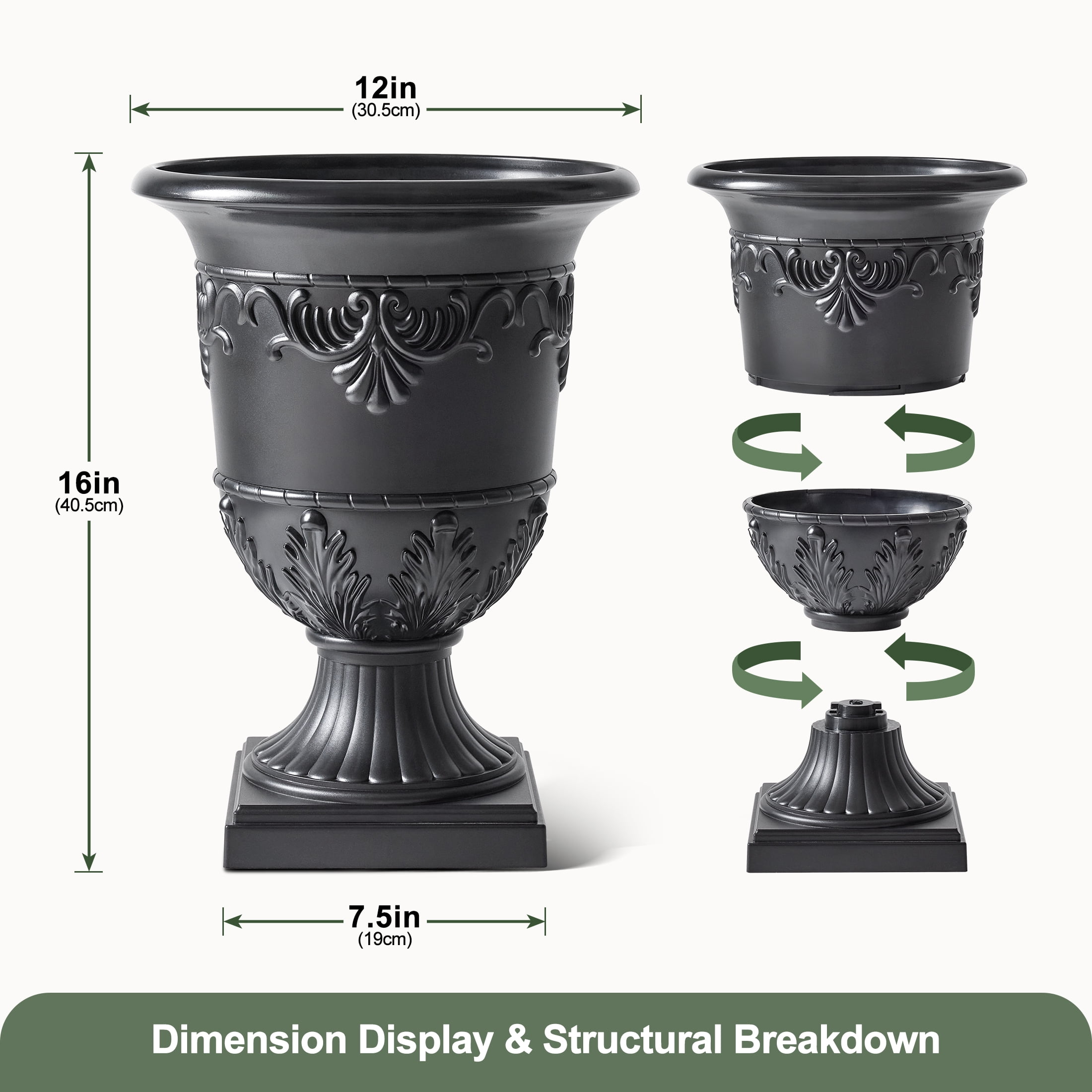 DR.Planzen 16 x 12 Inches Classic Urn Planter, Plastic Flower Pots for Indoor & Outdoor Use, Lightweight Planters for Garden, Patio, Porch, Wedding & Event Decor