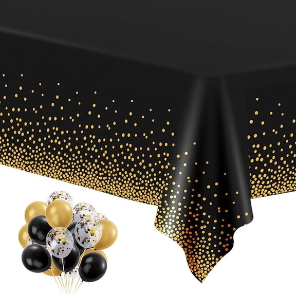 6 Pack Black and Gold Plastic Tablecloths for Rectangle Tables, Disposable Party Gold Dot Confetti Table Covers with 30 Balloons for Birthday, Graduation, Cocktail Parties, 54" x 108"