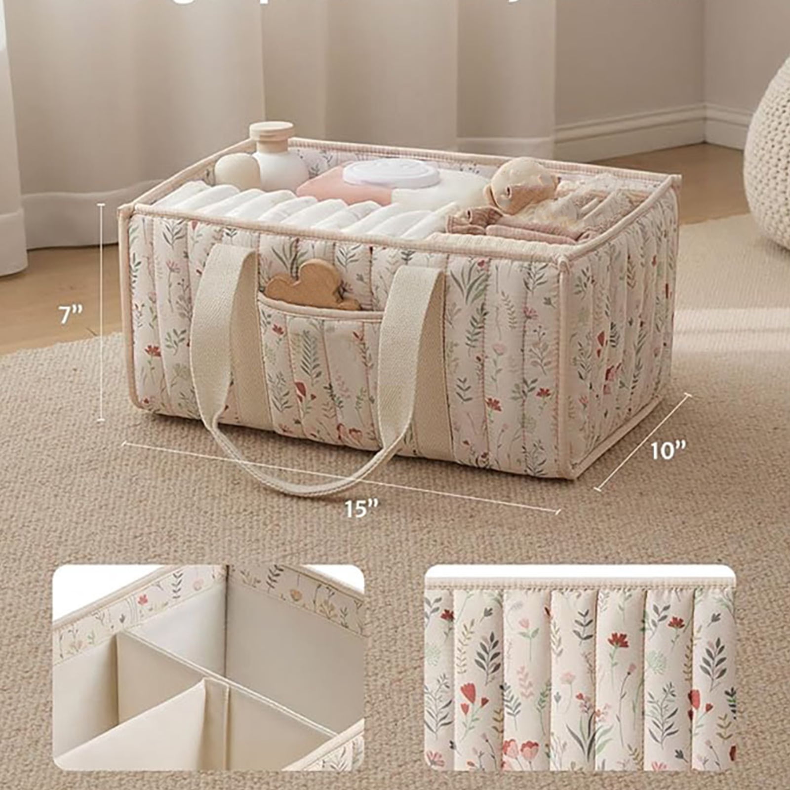HUISZJ Floral Diaper Caddy Organizer, Stylish Nursery Storage Basket with Handle, Reusable Storage Bag for Newborn Work Travel Outdoor (Beige)