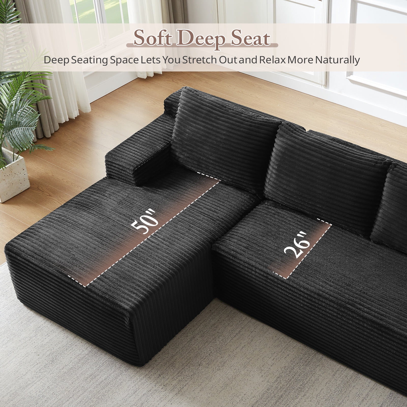 Muumblus L-Shaped Modular Sectional Sofa with Chaise, Boneless Deep Seat Cloud Couch, No Assembly Corduroy Sleeper Sofa for Living Room, Black（Left Facing Chaise）