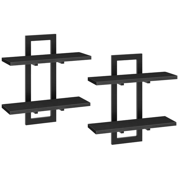 HOOBRO Floating Shelves, 15 Inch Wall Shelf Set of 2, Wall Mounted Storage Shelves 2-Tier, Hanging Bathroom Shelves, for Living Room, Bedroom, Bathroom, Kitchen, Black BK32BJ01