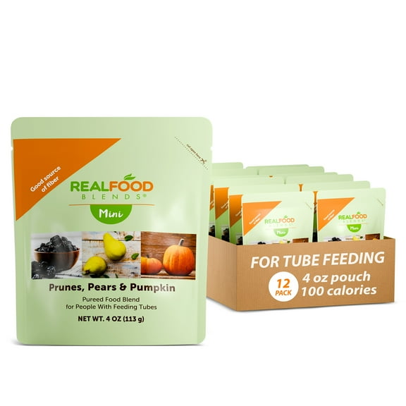 Real Food Blends Mini - Prunes, Pears & Pumpkin - Pureed Fruit Snack Blend for Tube Feeding with Fruits & Flaxseed Oil - 4 oz (Pack of 12)
