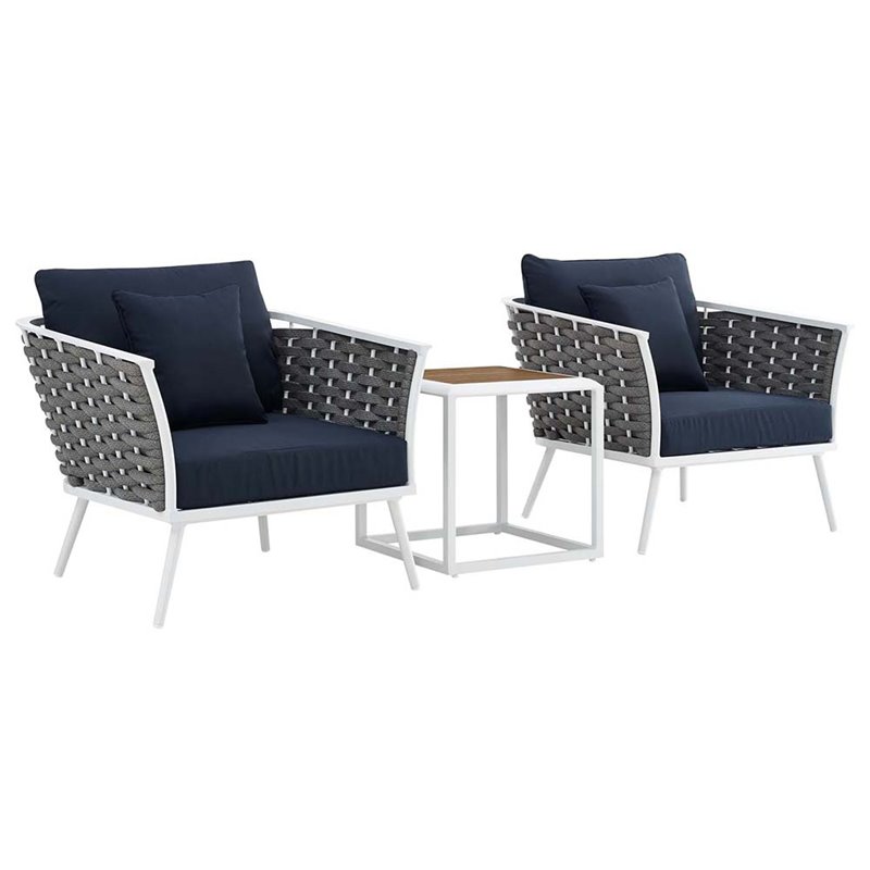 Modway Stance 3-Piece Aluminum & Fabric Patio Set in White and Navy - image 2 of 10