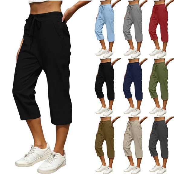Purcolt Capri Pants for Women Straight Leg High Waist Elastic Pull On Bottoms Summer Casual Travel Hiking Pants with Pockets