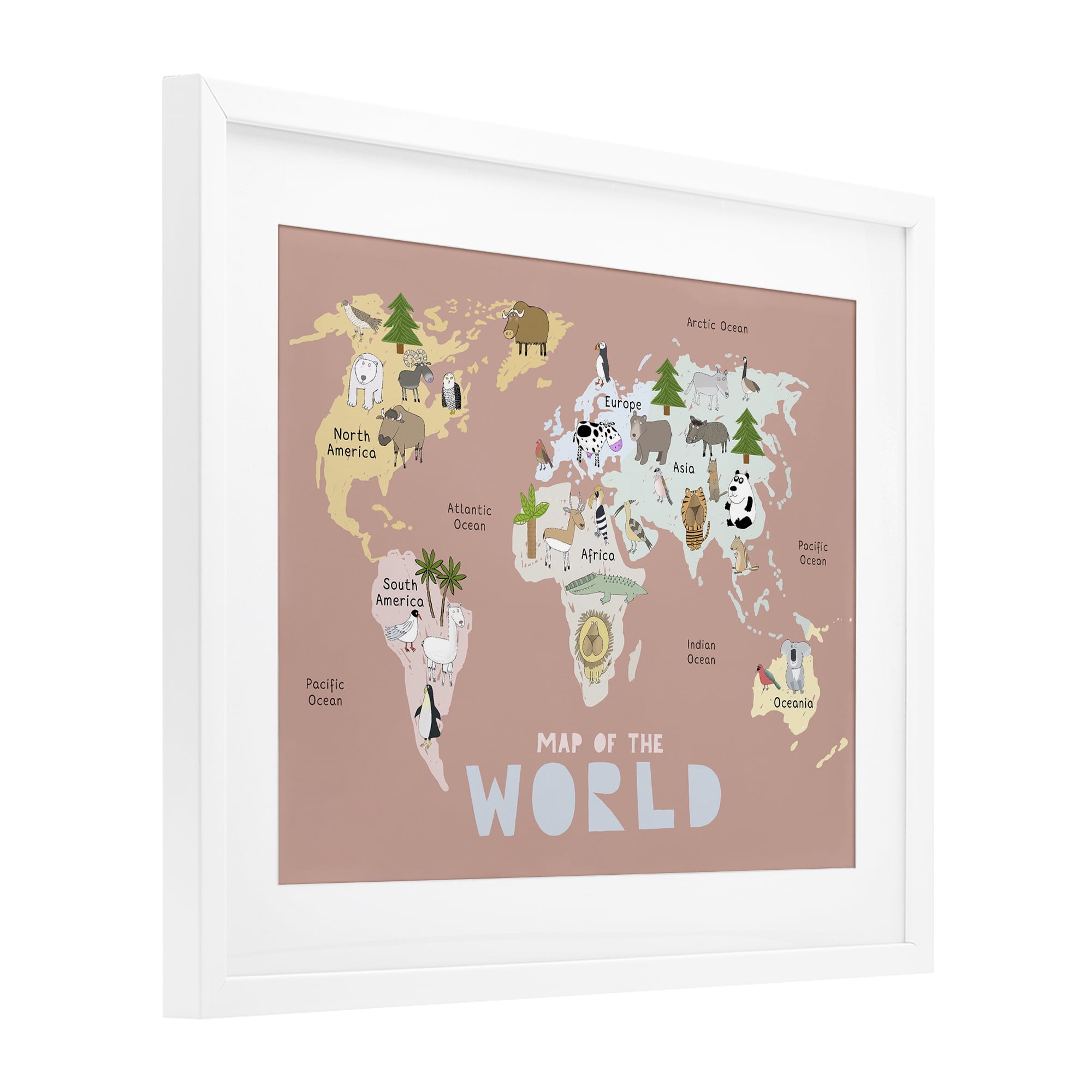 Kid's Map Of World Pink White Framed Print Under Glass, design by Carla Daly
