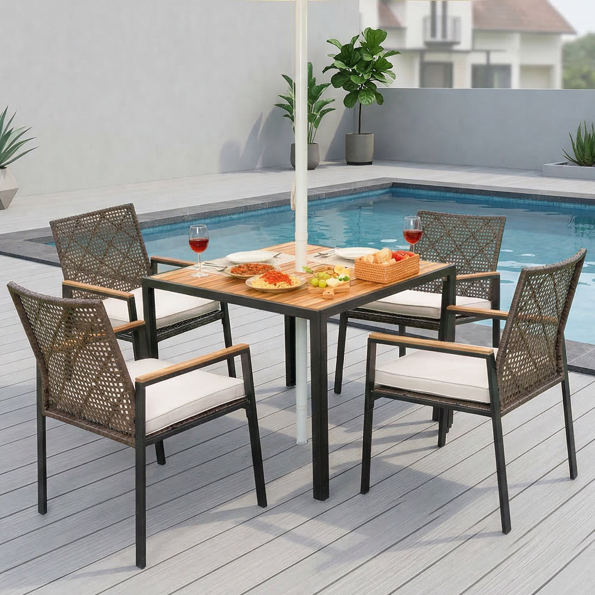 Leumius 5 Piece Patio Dining Set,All Weather Outdoor Dining Table Set with 4 Cushion Chairs,Patio Conversation Set with Acacia Wood Table Top and Umbrella Hole,Dark Brown