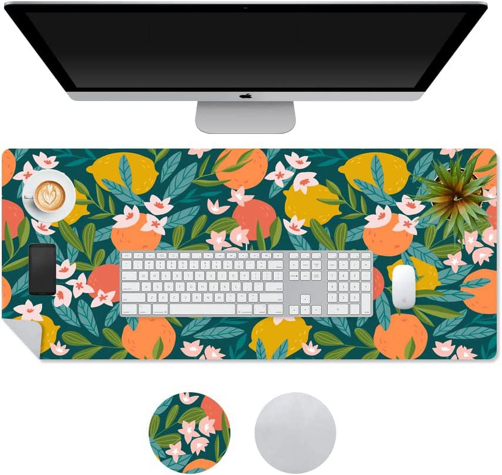Large Mouse Pad, Waterproof PU Leather Cute Computer Desk Mat, Allover Citrus Fruit Home Office Décor, Multifunctional Desk Organizers Protector, 31.5" x 15.7" - Orange Lemon Floral Pattern