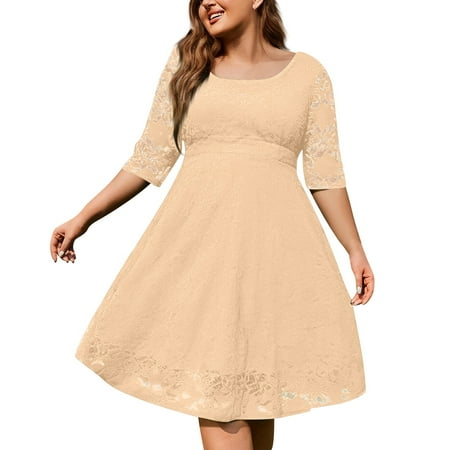 Biziza Plus Size Casual Dresses for Women 2025 3/4 Sleeve Beige Basic Lace Elegant Dresses Trendy Round Neck Solid Color Corset Dress