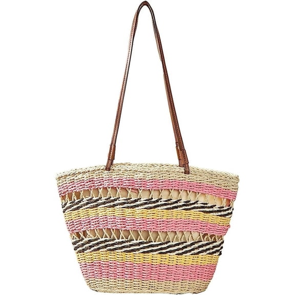 Kukuzhu Women Straw Tote Bag Fashion Large Handmade Woven Colorful Summer Handbag Large Beach Holiday Bag