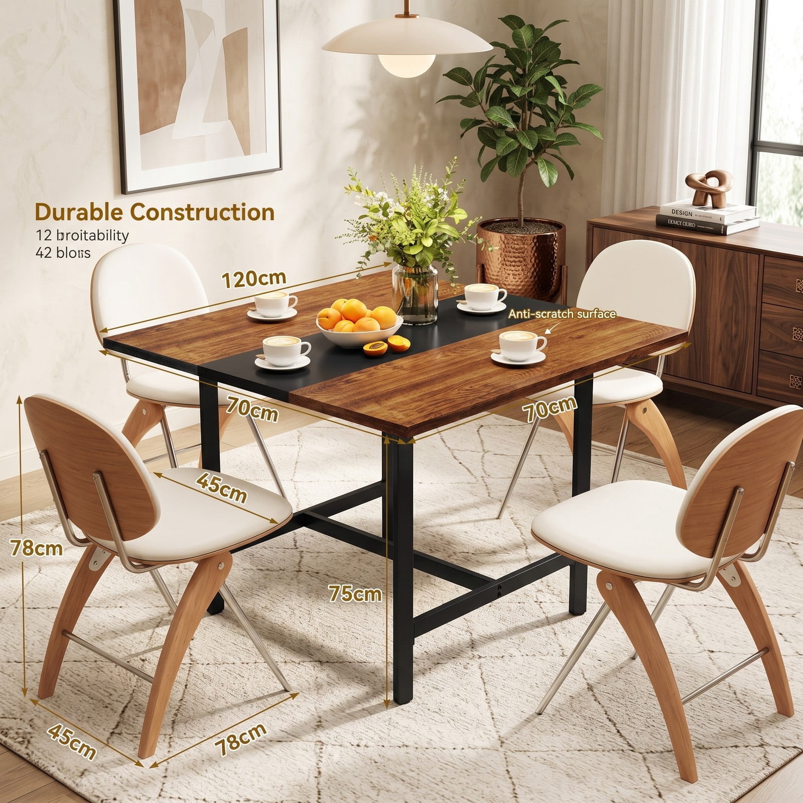 Furnibear 39.5 Inch Square Conference Table, Meeting Room Table with Thickened Tabletop and Reinforced H-Shaped Metal Frame, Seats 4 for Office Working, Rustic Brown