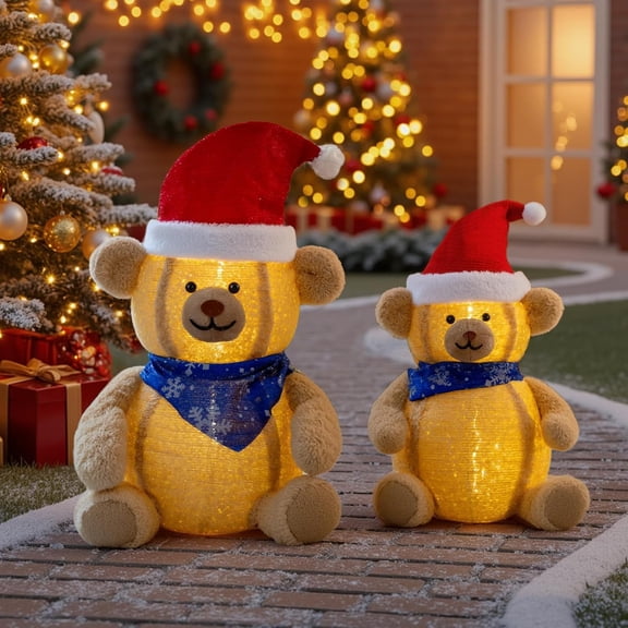 ROVSUN 36in Lighted Christmas Teddy Bear, Set of 2 with LED Lights, Indoor & Outdoor Yard Decor, Brown