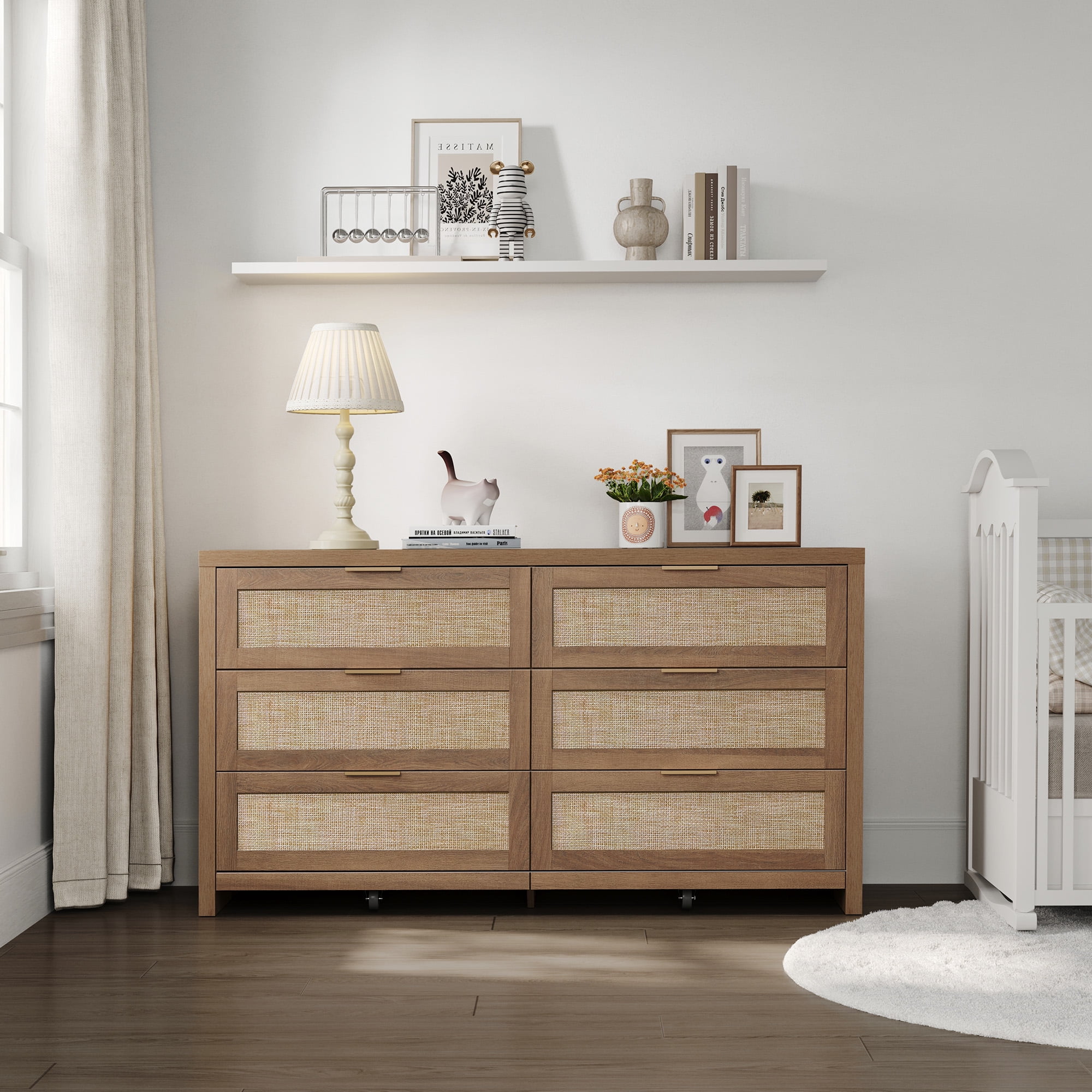 Surmoby Boho Dresser Set - 56.85" Wide 6-Drawer Storage with Rattan & Gold Handles for Master Bedroom or Living Room (Heavy Duty, Easy Assembly)