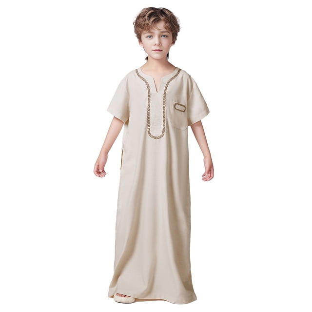 XDZJLR Combinaison Garçon Musulman Arabe Couleur Unie Thobe Manches Longues Kaftan Robe Brodée Abaya Arabe Thobe Vêtement Kaki 5-6 Ans