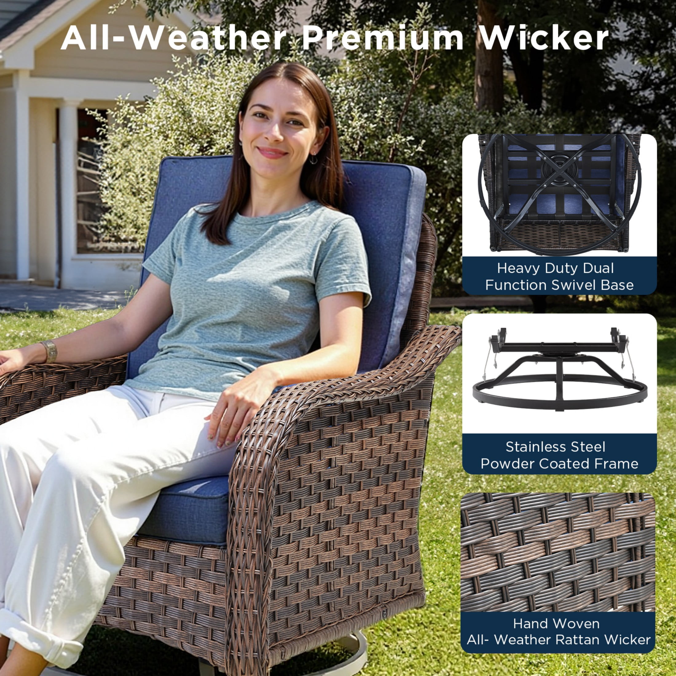 Unnifurnzi Patio Furniture Set with Fire Pit Table-6 Pieces All Weather Wicker Patio Furniture Outdoor Swivel Chairs with Outdoor Couch Outdoor Furniture for Porch Balcony Deck-Brown/Blue