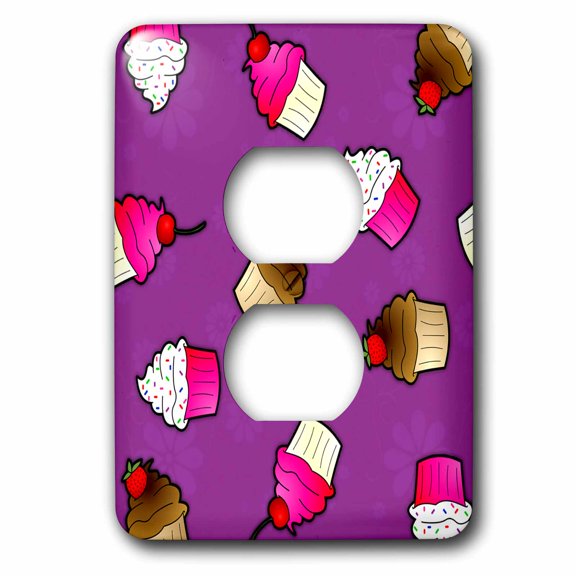 3dRose, Cute Cupcake Print Pink and Chocolate on Purple, 2 plug outlet cover