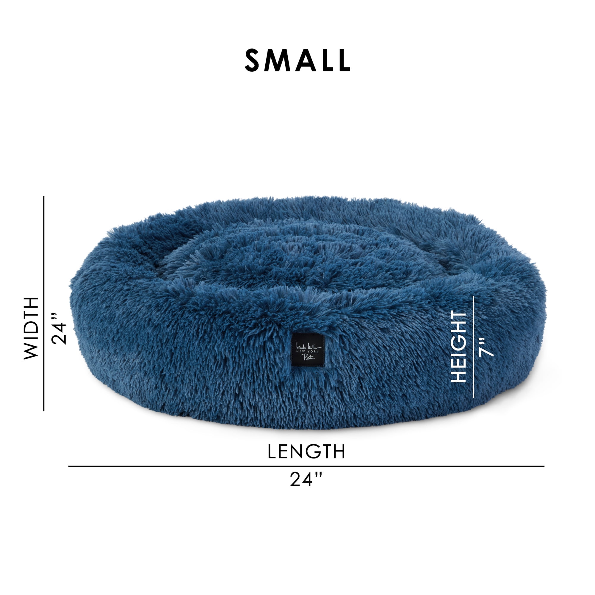 NICOLE MILLER NEW YORK PET Ellie Fuzzy Solid Donut Pet Bed, Plush, Cozy & Calming, Water Repellent, Non-Slip Bottom, 100% Machine Washable, Blue, Small 24"x24"x7" Round