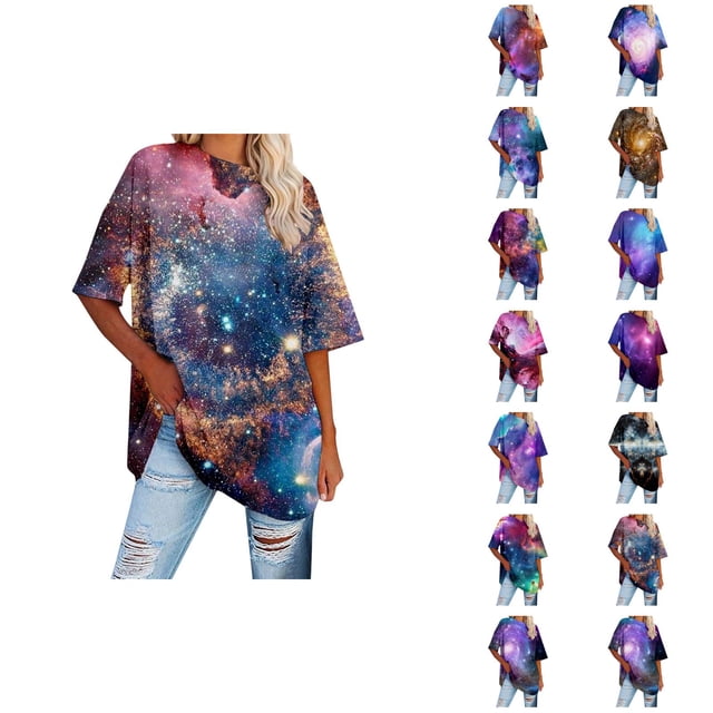 Galaxy T-Shirts pour Femmes 2026 Mode Été Manches Courtes Col Rond Étoile Ciel Espace T-Shirts Graphiques