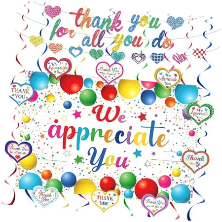 SKYSONIC Gratitude Decor Blue Silver Thank You Banner and Swirls Set for Teacher, Employee, Doctor, Nurse Appreciation Events
