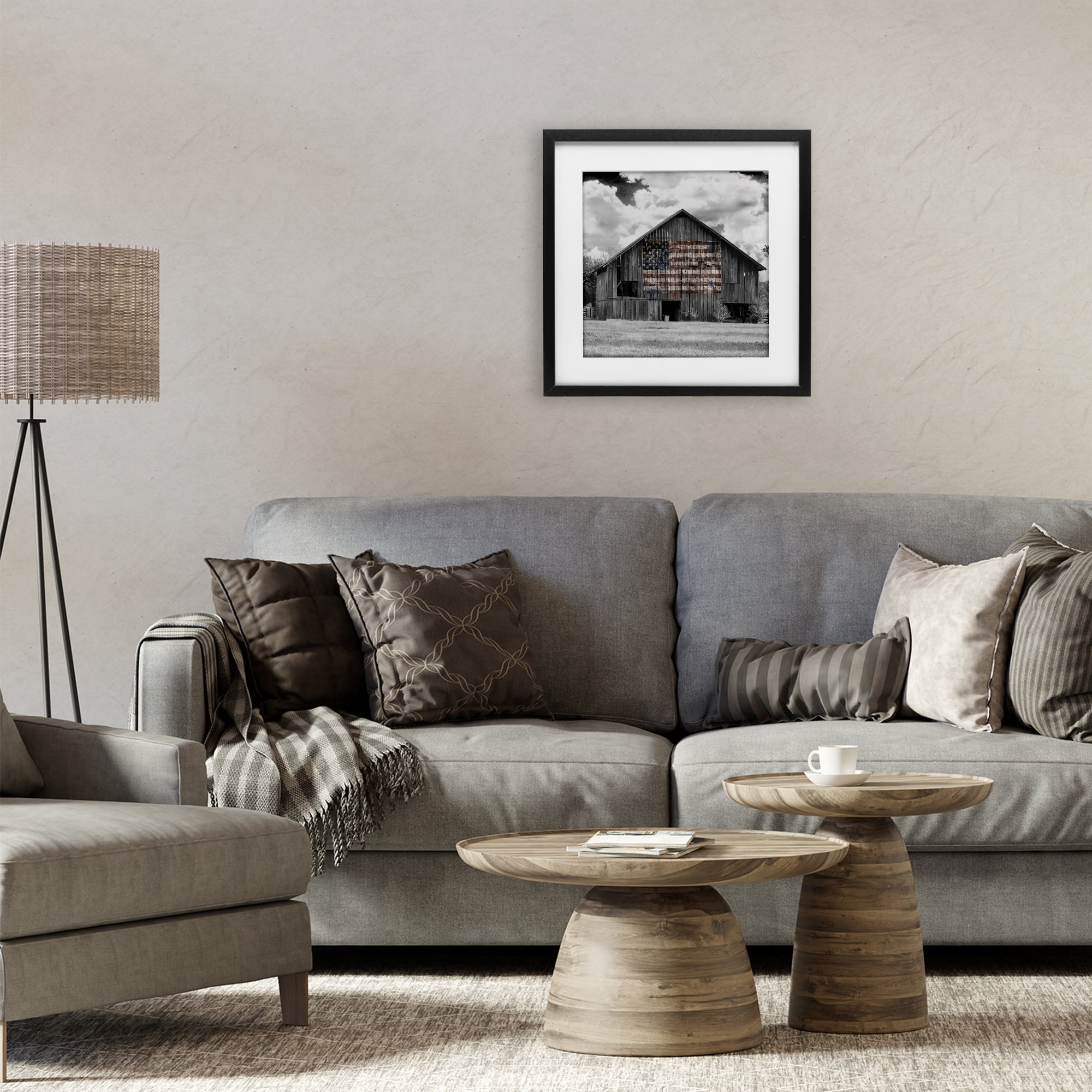 USA Flag Monochrome Barn Black Framed Print Under Glass, design by Decent Exposures
