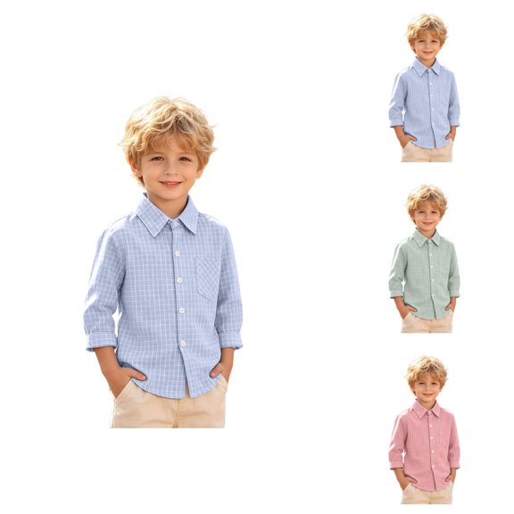 Boys Girls Shirts Long Sleeve Button Down Collared Checked Shirt with Chest Pocket Kids School Uniform 2-9 Years