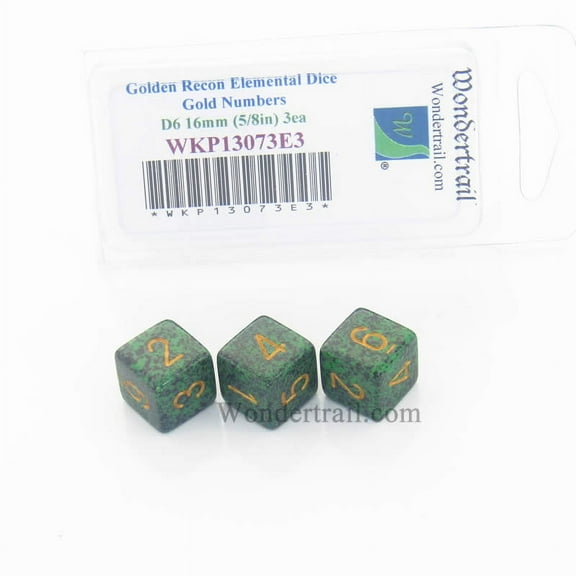 Golden Recon Elemental Dice with Gold Numbers D6 16mm (5/8in) Pack of 3 Wondertrail
