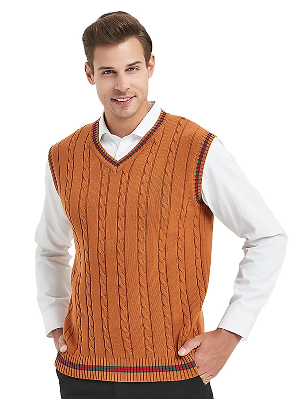 Toptie Men's V-Neck Cotton Twist Knit Sweater Vest Green and Red Trim