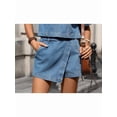 thumbnail image 4 of Women'S Denim 2 Piece Outfits Summer Lapel V Neck Crop Top Jean Skirt Shorts Set with Pockets Dark Blue Pants L, 4 of 10