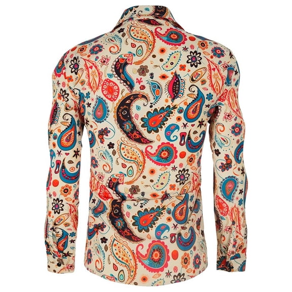 IWRICH Men's Plus Size 70s Disco Shirta Paisley 1970s Casual Tops Retro Floral Long Sleeved Button down Party Costumes T Shirts Khaki XL