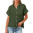 thumbnail image 4 of Linen Button Down Shirt Women! Yigetop Women's Spring Autumn Casual Double Pocket Short Sleeve Cotton Shirt Top Linen Shirts for Women Army Green L, 4 of 9
