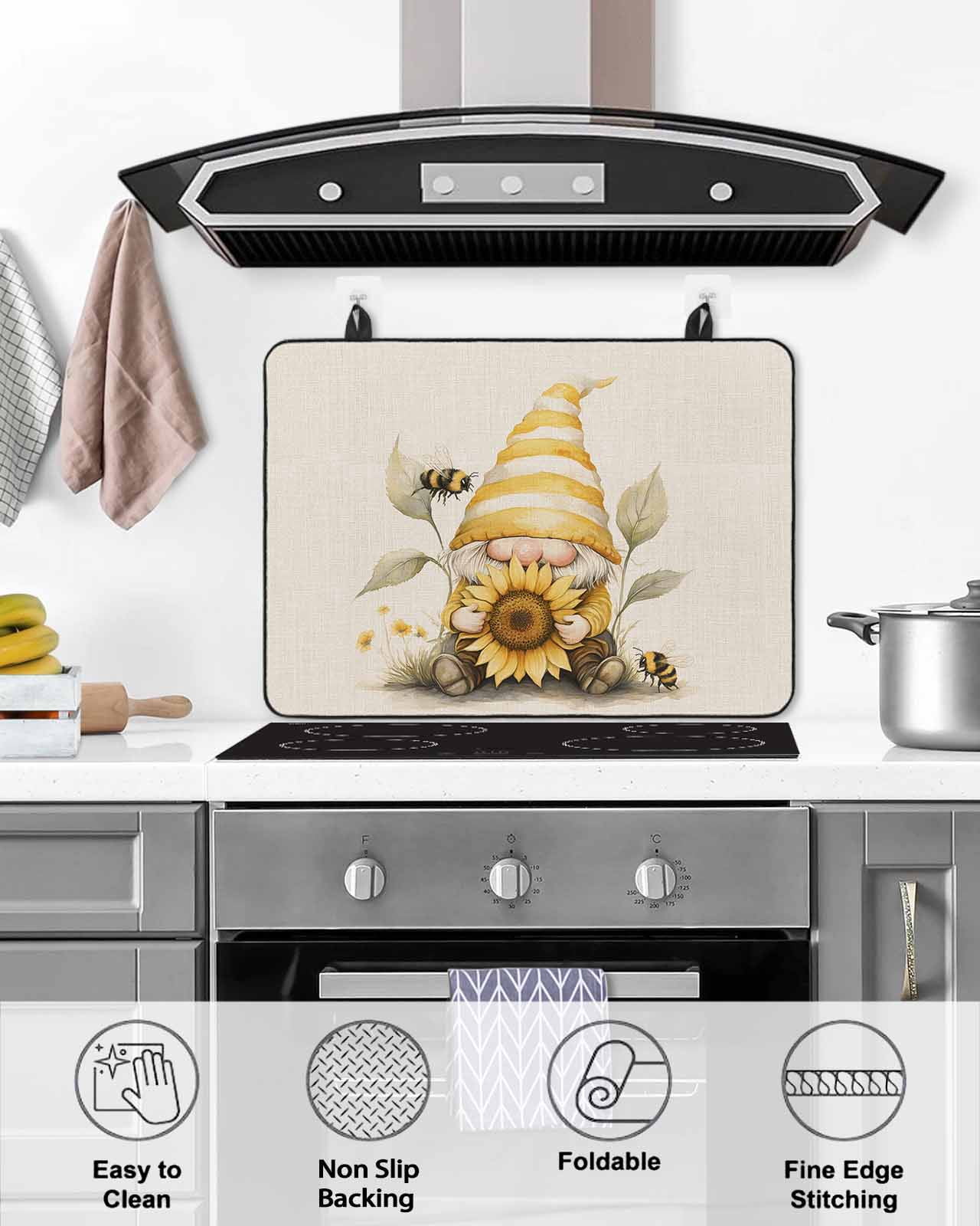 nqOlkjepod Large Induction Cooktop Protector Mat 28.5"x20.5", Sunflower Retro Stove Top Covers for Electric Stove, Yellow Gnomes Bee Beige Vintage Art Stove Burner Cover Mats, Glass Top Stove Cover
