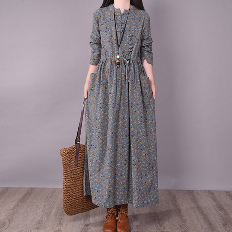 Brgzlk Women's Retro Linen Dresses Frog Button Small Floral Print Casual Waist Tucking Beach Vocation Long Sleeve Dress for Spring Summer Gray L, Size