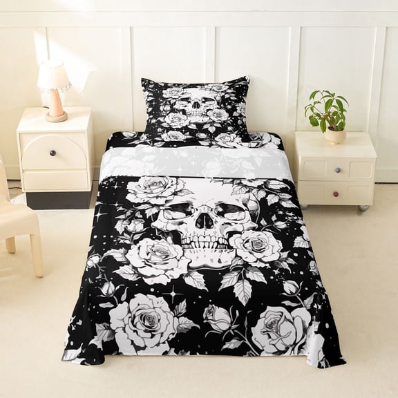Homewish Halloween Goth Skull Twin Sheets,Victorian Romantic Flowers Bedding,Black White,3 Pieces,1 Fitted Sheet and 1 Pillowcase