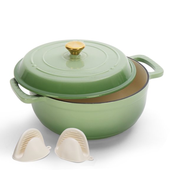 Ktaxon 5 Quart Enameled Cast Iron Dutch Oven with Upgraded Textured Handles, Heavy Duty Pre-Seasoned Cookware for Baking, Stewing, Braising & Roasting, Induction & Oven Safe up to 500°F, Green