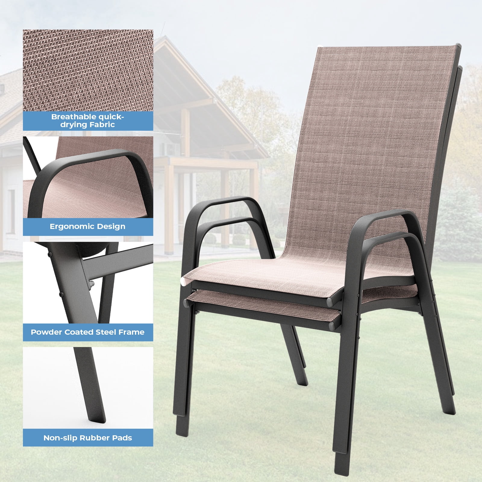 FUNDAZE Outdoor Dining Chairs Set of 4, Patio Dining Chair Stackable Armrest Patio Chairs Space Saving for Garden Backyard Deck, Brown