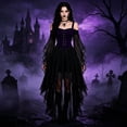 thumbnail image 2 of Xijirk Womens Gothic Renaissance Costume Off Shoulder Lace Up Flare Mesh Sleeve High Low Tulle Dress for Halloween Cosplay Party Role Play,Purple,XXL, 2 of 5