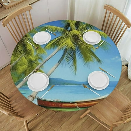 

Autua Palm Trees Boat Round Table Cover Stain Resistant Washable Indoor Outdoor Tablecloth Kitchen Dining Wedding Parties 100% Polyester Fiber 38 -42