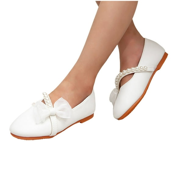 Girls Princess Ballet Flats Dress Shoes White Pearl Bow Mary Janes for Toddler Little Big Kids Wedding Party
