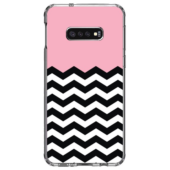 DistinctInk Clear Shockproof Hybrid Case for Samsung Galaxy S10e (5.8" Screen) - TPU Bumper, Acrylic Back, Tempered Glass Screen Protector - Black White Pink Chevron - Black & White Stripes Pattern
